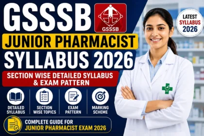 GSSSB Junior Pharmacist Syllabus 2026 thumbnail featuring syllabus details, exam pattern information, and a pharmacist with GSSSB branding.