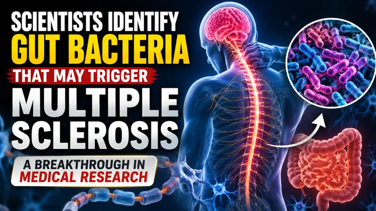 Medical thumbnail showing gut bacteria linked to multiple sclerosis, with a human nervous system, brain, spinal cord, intestine illustration, and microscopic bacteria imagery highlighting a major scientific breakthrough.