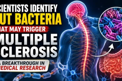 Medical thumbnail showing gut bacteria linked to multiple sclerosis, with a human nervous system, brain, spinal cord, intestine illustration, and microscopic bacteria imagery highlighting a major scientific breakthrough.
