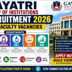 Recruitment thumbnail for Gayatri Group of Institutions Recruitment 2026, highlighting faculty vacancies in Pharmacy, Nursing, DMLT, MCA, and MBA departments with opportunities for Professor, Associate Professor, and Assistant Professor positions.