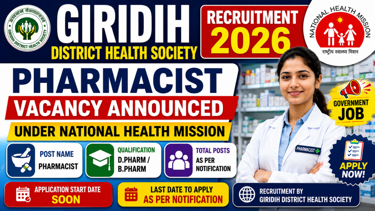 Giridih District Health Society Recruitment 2026 thumbnail featuring Pharmacist Vacancy under National Health Mission (NHM), government job opportunity for D.Pharm and B.Pharm candidates.
