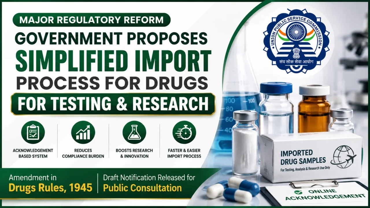Government proposes simplified drug import process for testing and research under the proposed amendment to the Drugs Rules, 1945, introducing an online acknowledgement-based system for eligible imports.