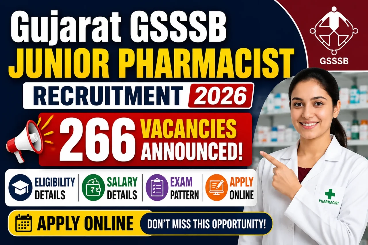 Gujarat GSSSB Junior Pharmacist Recruitment 2026 thumbnail featuring a pharmacist, GSSSB logo, and announcement of 266 vacancies with eligibility, salary, exam pattern, and online application details.