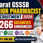 Gujarat GSSSB Junior Pharmacist Recruitment 2026 thumbnail featuring a pharmacist, GSSSB logo, and announcement of 266 vacancies with eligibility, salary, exam pattern, and online application details.