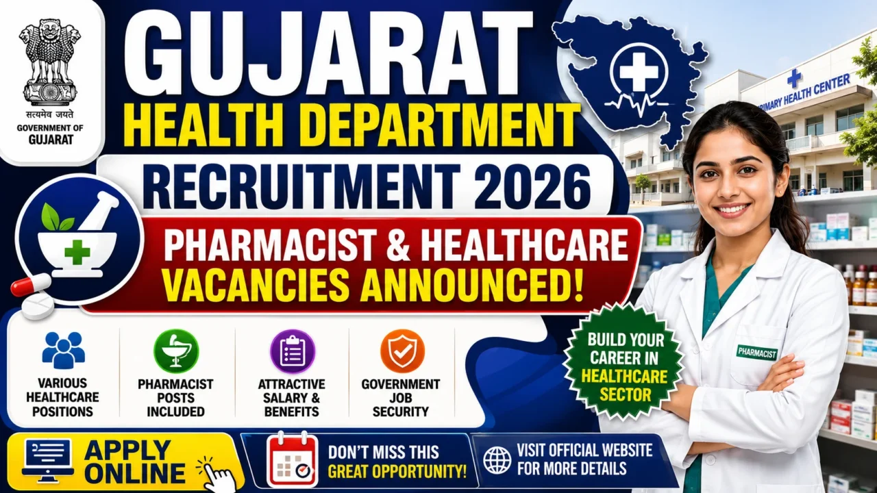 Gujarat Health Department Recruitment 2026 thumbnail highlighting Pharmacist and Healthcare vacancies. The design features a pharmacist, Gujarat state healthcare graphics, medical symbols, hospital background, and a bold "Apply Online" call-to-action.