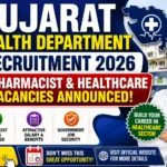 Gujarat Health Department Recruitment 2026 thumbnail highlighting Pharmacist and Healthcare vacancies. The design features a pharmacist, Gujarat state healthcare graphics, medical symbols, hospital background, and a bold "Apply Online" call-to-action.