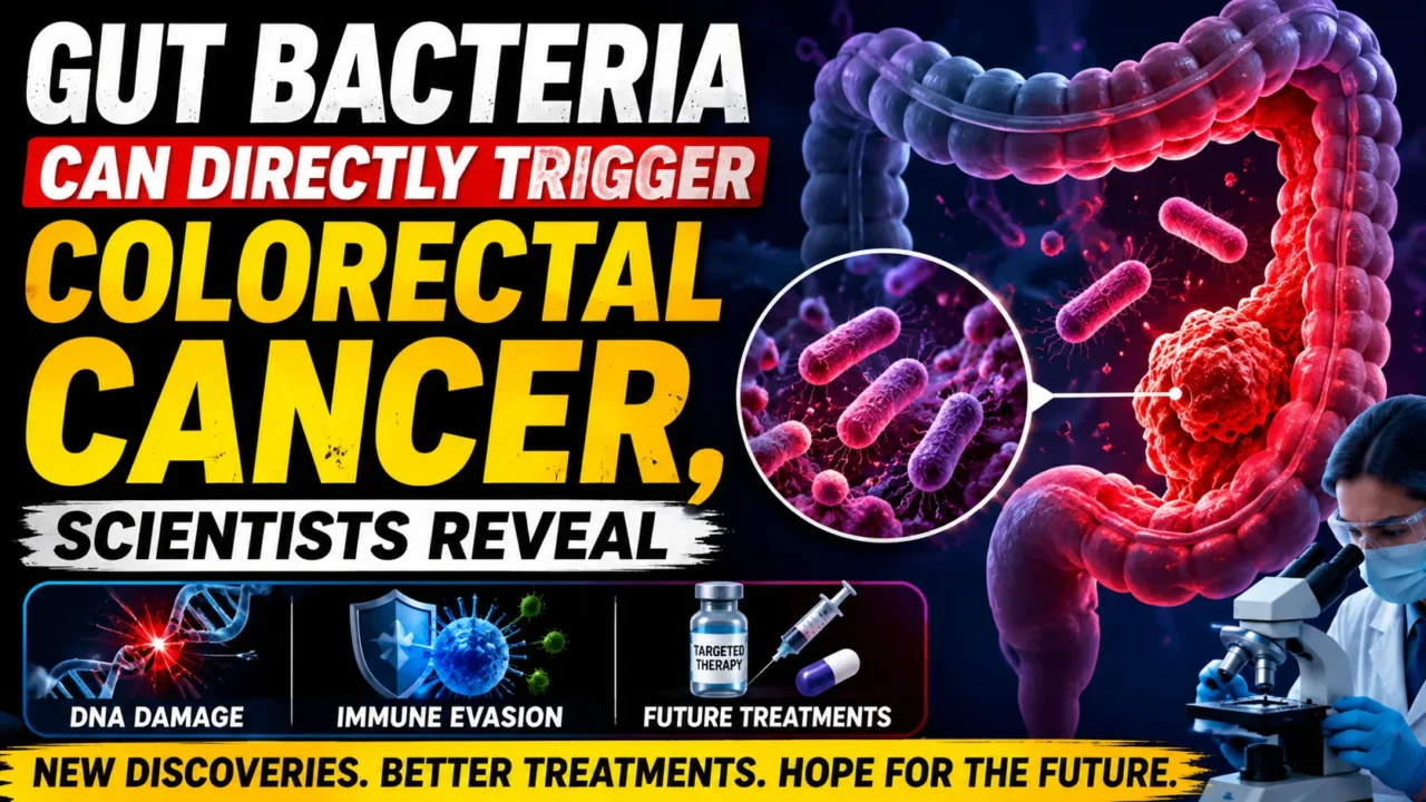 Medical news thumbnail illustrating gut bacteria triggering colorectal cancer, featuring bacteria, a diseased colon, DNA damage, immune evasion, future treatments, and a scientist conducting laboratory research.