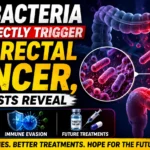 Medical news thumbnail illustrating gut bacteria triggering colorectal cancer, featuring bacteria, a diseased colon, DNA damage, immune evasion, future treatments, and a scientist conducting laboratory research.