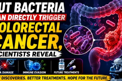 Medical news thumbnail illustrating gut bacteria triggering colorectal cancer, featuring bacteria, a diseased colon, DNA damage, immune evasion, future treatments, and a scientist conducting laboratory research.