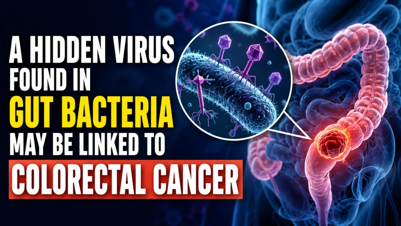 Illustration showing bacteriophages infecting gut bacteria alongside a highlighted colorectal cancer tumor in the human colon, representing a potential link between gut viruses and colorectal cancer.