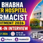 Homi Bhabha Cancer Hospital Pharmacist Recruitment 2026 thumbnail featuring hospital building, pharmacy medicine bottle, stethoscope, tablets, and bold recruitment announcement with walk-in interview details.