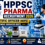 HPPSC Scientific Officer (NDPS) Recruitment 2026 thumbnail featuring forensic science laboratory equipment, NDPS evidence samples, microscope, pharmaceutical elements, and recruitment announcement for pharma professionals.