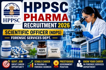 HPPSC Scientific Officer (NDPS) Recruitment 2026 thumbnail featuring forensic science laboratory equipment, NDPS evidence samples, microscope, pharmaceutical elements, and recruitment announcement for pharma professionals.