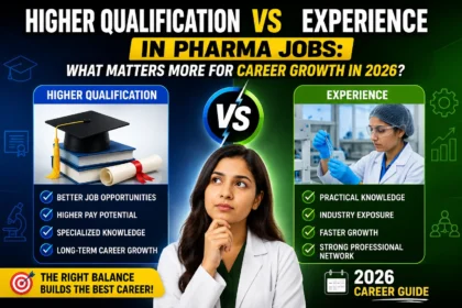 Higher Qualification vs Experience in Pharma Jobs 2026 comparison thumbnail showing education and work experience pathways for pharmaceutical career growth.