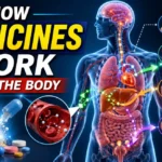 Medical infographic thumbnail showing how medicines work inside the human body, including absorption, distribution, metabolism, and excretion with glowing organs, pills, and bloodstream graphics.