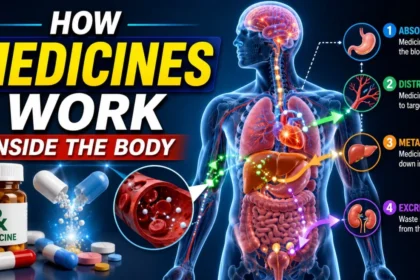 Medical infographic thumbnail showing how medicines work inside the human body, including absorption, distribution, metabolism, and excretion with glowing organs, pills, and bloodstream graphics.