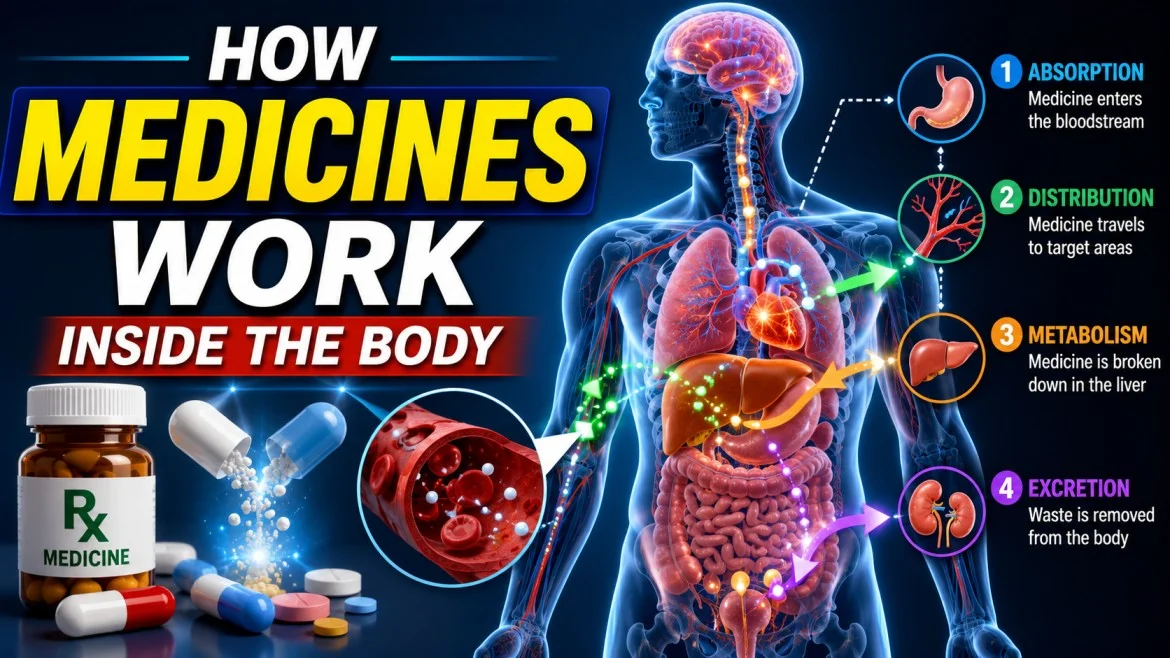 Medical infographic thumbnail showing how medicines work inside the human body, including absorption, distribution, metabolism, and excretion with glowing organs, pills, and bloodstream graphics.