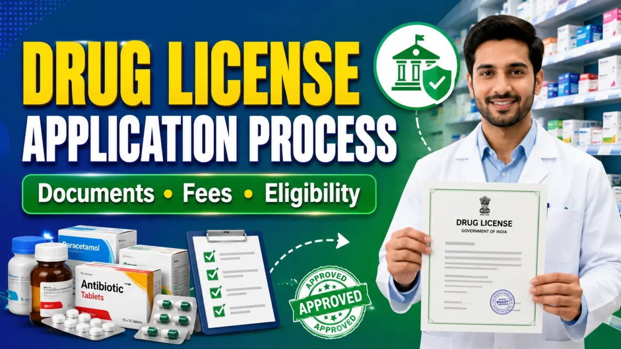 Drug License Application Process thumbnail showing pharmacy license approval procedure, required documents, fees, eligibility criteria, medicines, and a pharmacist holding a drug license certificate.
