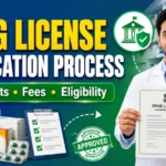Drug License Application Process thumbnail showing pharmacy license approval procedure, required documents, fees, eligibility criteria, medicines, and a pharmacist holding a drug license certificate.