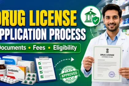 Drug License Application Process thumbnail showing pharmacy license approval procedure, required documents, fees, eligibility criteria, medicines, and a pharmacist holding a drug license certificate.