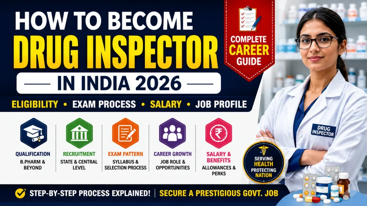 How to Become a Drug Inspector in India 2026 blog thumbnail showing a Drug Inspector in a laboratory with highlights of eligibility, exam process, qualification, recruitment, salary, and career guide.