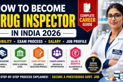 How to Become a Drug Inspector in India 2026 blog thumbnail showing a Drug Inspector in a laboratory with highlights of eligibility, exam process, qualification, recruitment, salary, and career guide.