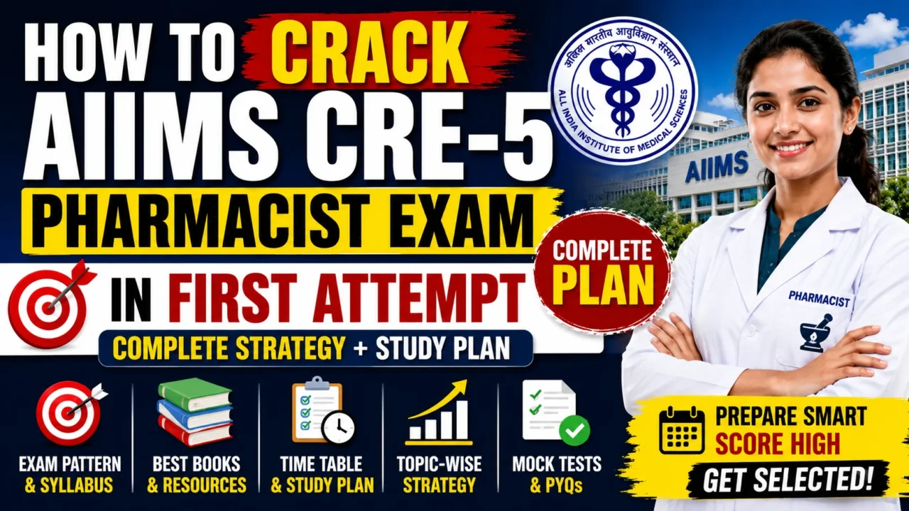 AIIMS CRE-5 Pharmacist Exam 2026 preparation thumbnail showing a pharmacist, AIIMS logo, study strate