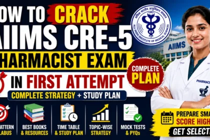 AIIMS CRE-5 Pharmacist Exam 2026 preparation thumbnail showing a pharmacist, AIIMS logo, study strate