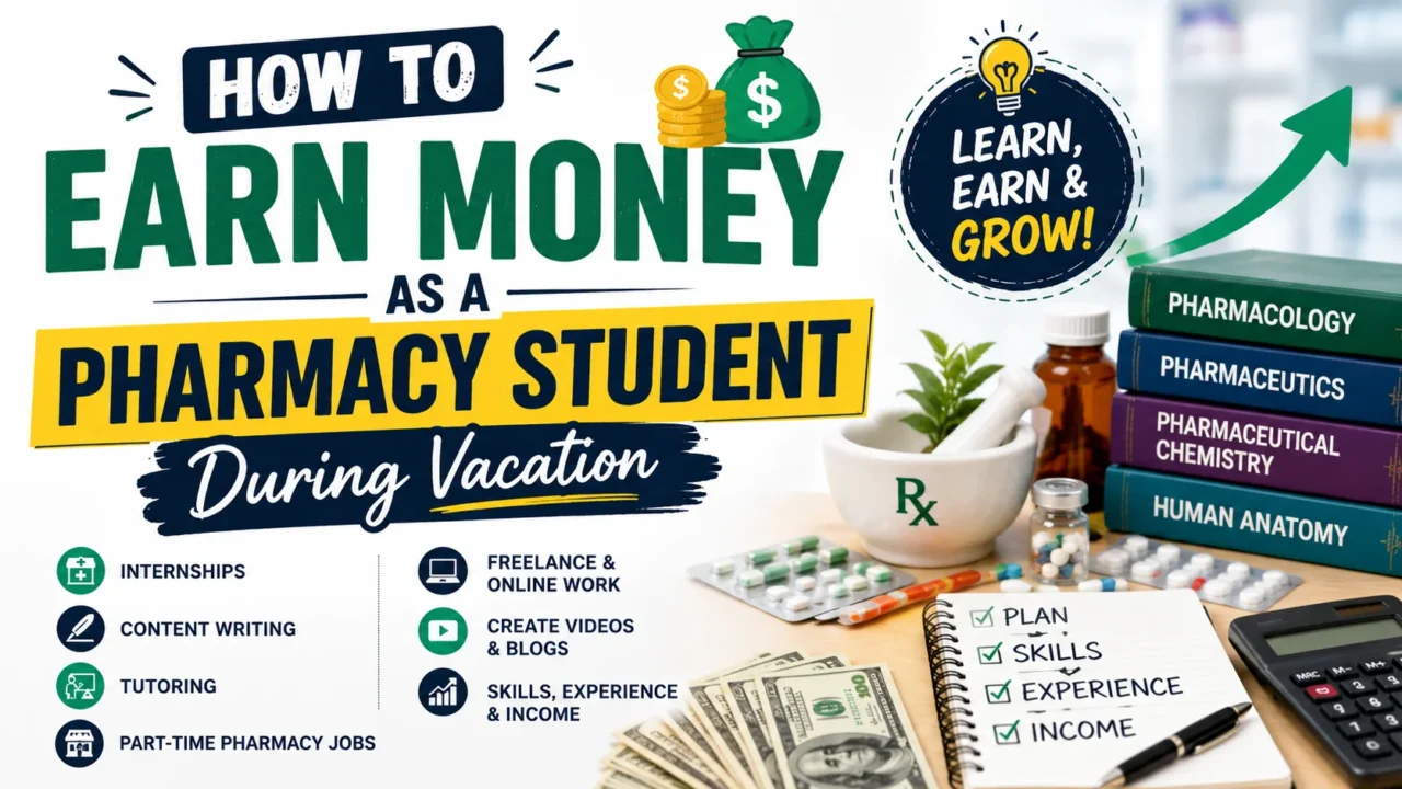 How to earn money as a pharmacy student during vacation thumbnail featuring pharmacy books, medicine bottles, cash, study planner, calculator, and income opportunities such as internships, content writing, tutoring, freelancing, and part-time pharmacy jobs.