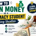 How to earn money as a pharmacy student during vacation thumbnail featuring pharmacy books, medicine bottles, cash, study planner, calculator, and income opportunities such as internships, content writing, tutoring, freelancing, and part-time pharmacy jobs.