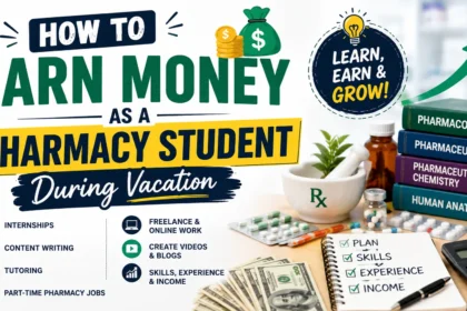 How to earn money as a pharmacy student during vacation thumbnail featuring pharmacy books, medicine bottles, cash, study planner, calculator, and income opportunities such as internships, content writing, tutoring, freelancing, and part-time pharmacy jobs.