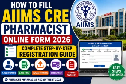 AIIMS CRE Pharmacist Online Form 2026 thumbnail showing step-by-step registration process, AIIMS logo, online application form interface, and complete guide for filling the pharmacist recruitment application.