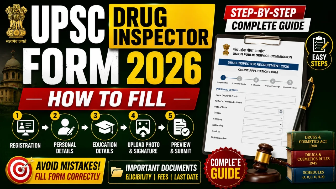 YouTube thumbnail for "How to Fill UPSC Drug Inspector Form 2026" featuring the UPSC emblem, online application form, step-by-step registration icons, Drugs & Cosmetics Act books, and a bold guide for filling the application form correctly.