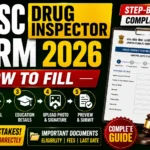 YouTube thumbnail for "How to Fill UPSC Drug Inspector Form 2026" featuring the UPSC emblem, online application form, step-by-step registration icons, Drugs & Cosmetics Act books, and a bold guide for filling the application form correctly.