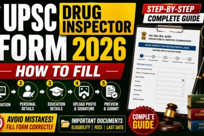 YouTube thumbnail for "How to Fill UPSC Drug Inspector Form 2026" featuring the UPSC emblem, online application form, step-by-step registration icons, Drugs & Cosmetics Act books, and a bold guide for filling the application form correctly.