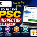 UPSC Drug Inspector Form 2026 complete step-by-step guide blog thumbnail featuring the UPSC logo, online application form interface, registration process, document upload, fee payment, and form submission workflow in a professional blue and yellow design.