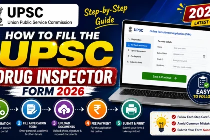 UPSC Drug Inspector Form 2026 complete step-by-step guide blog thumbnail featuring the UPSC logo, online application form interface, registration process, document upload, fee payment, and form submission workflow in a professional blue and yellow design.