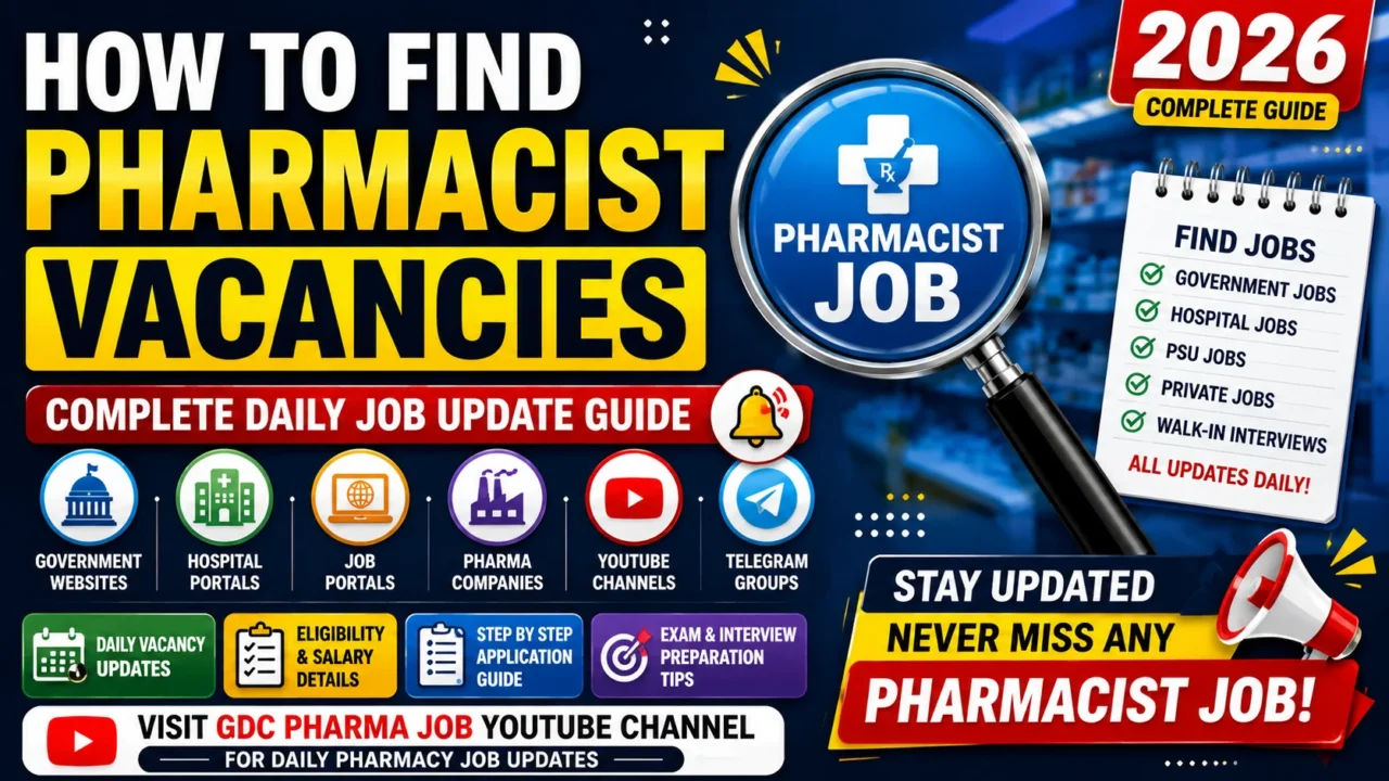 Eye-catching pharmacy job guide thumbnail featuring pharmacist vacancy search tips, government jobs, hospital jobs, PSU jobs, private jobs, daily job alerts, and GDC Pharma Job YouTube Channel updates.