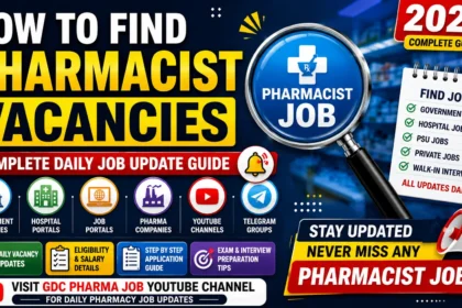 Eye-catching pharmacy job guide thumbnail featuring pharmacist vacancy search tips, government jobs, hospital jobs, PSU jobs, private jobs, daily job alerts, and GDC Pharma Job YouTube Channel updates.