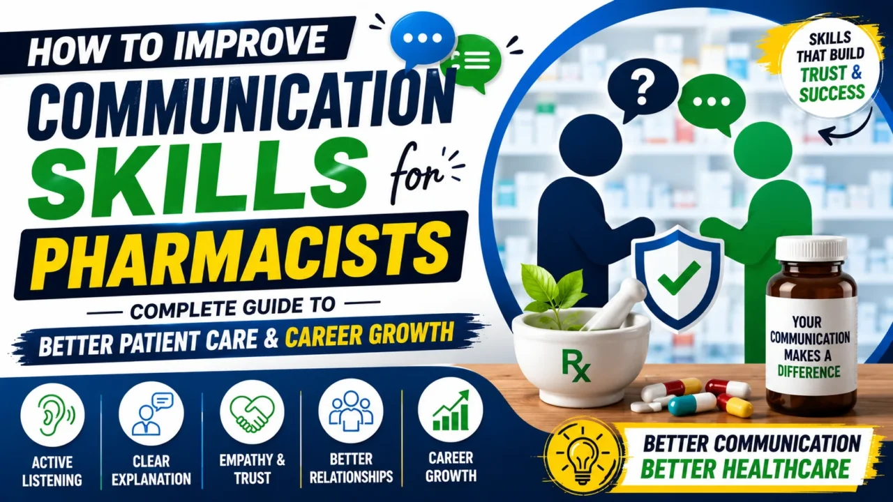 Professional pharmacy-themed thumbnail showing communication skills for pharmacists with speech bubbles, healthcare icons, patient interaction graphics, medicine bottle, pharmacy background, and the text "How to Improve Communication Skills for Pharmacists".