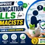 Professional pharmacy-themed thumbnail showing communication skills for pharmacists with speech bubbles, healthcare icons, patient interaction graphics, medicine bottle, pharmacy background, and the text "How to Improve Communication Skills for Pharmacists".
