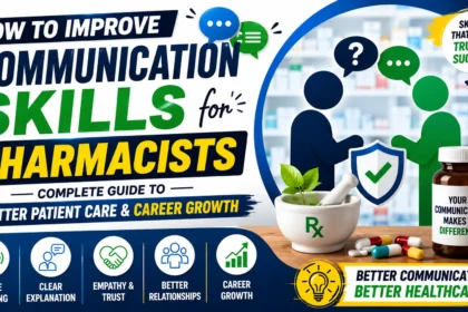 Professional pharmacy-themed thumbnail showing communication skills for pharmacists with speech bubbles, healthcare icons, patient interaction graphics, medicine bottle, pharmacy background, and the text "How to Improve Communication Skills for Pharmacists".