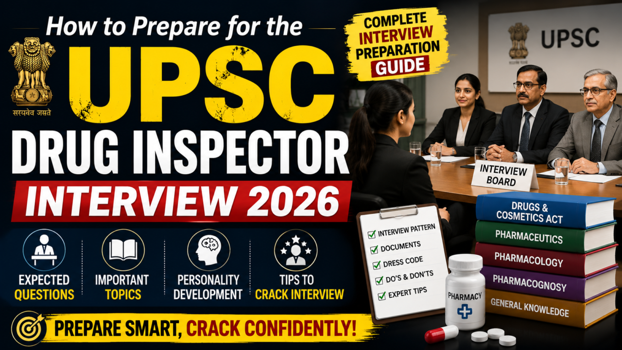 YouTube thumbnail for How to Prepare for the UPSC Drug Inspector Interview 2026 featuring an interview panel, UPSC branding, pharmacy books, interview checklist, medicine bottle, and bold text on a dark professional background.