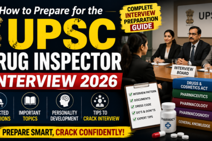 YouTube thumbnail for How to Prepare for the UPSC Drug Inspector Interview 2026 featuring an interview panel, UPSC branding, pharmacy books, interview checklist, medicine bottle, and bold text on a dark professional background.