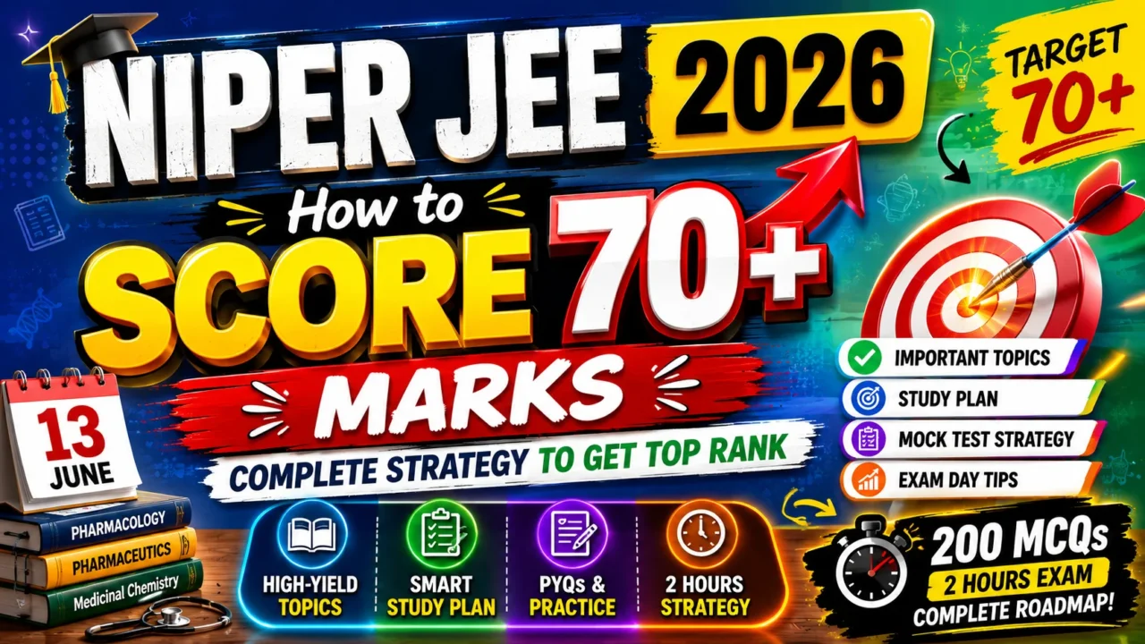 NIPER JEE 2026 preparation strategy thumbnail showing how to score 70+ marks with important topics, study plan, mock test strategy, and exam day tips.