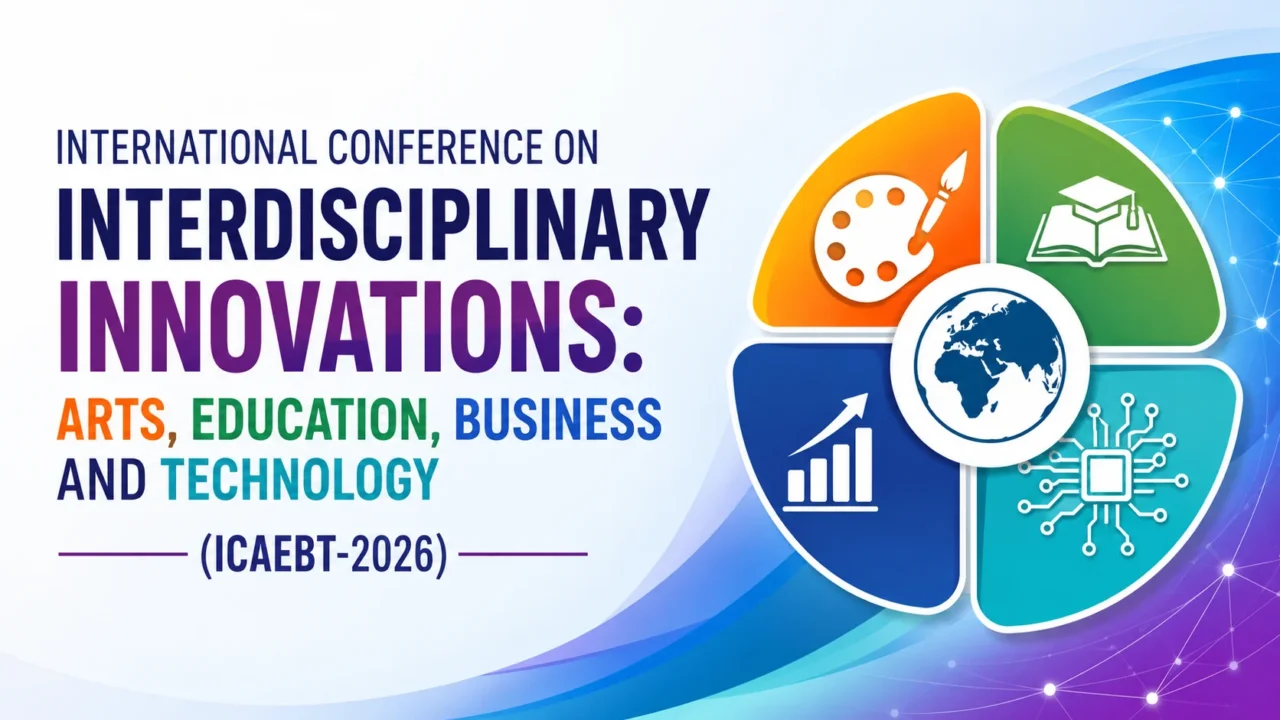 International Conference on Interdisciplinary Innovations (ICAEBT-2026) thumbnail featuring colorful icons representing arts, education, business, and technology with a modern digital background.