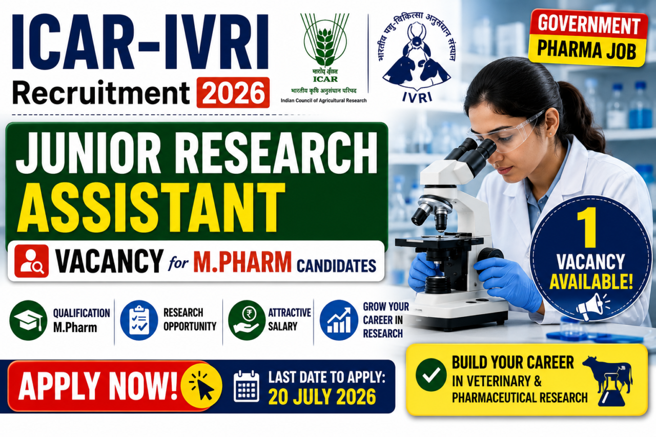 ICAR-IVRI Recruitment 2026 thumbnail featuring a laboratory researcher using a microscope, ICAR and IVRI logos, Junior Research Assistant vacancy announcement, and M.Pharm eligibility highlighted for candidates seeking research careers.