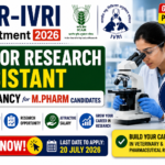 ICAR-IVRI Recruitment 2026 thumbnail featuring a laboratory researcher using a microscope, ICAR and IVRI logos, Junior Research Assistant vacancy announcement, and M.Pharm eligibility highlighted for candidates seeking research careers.