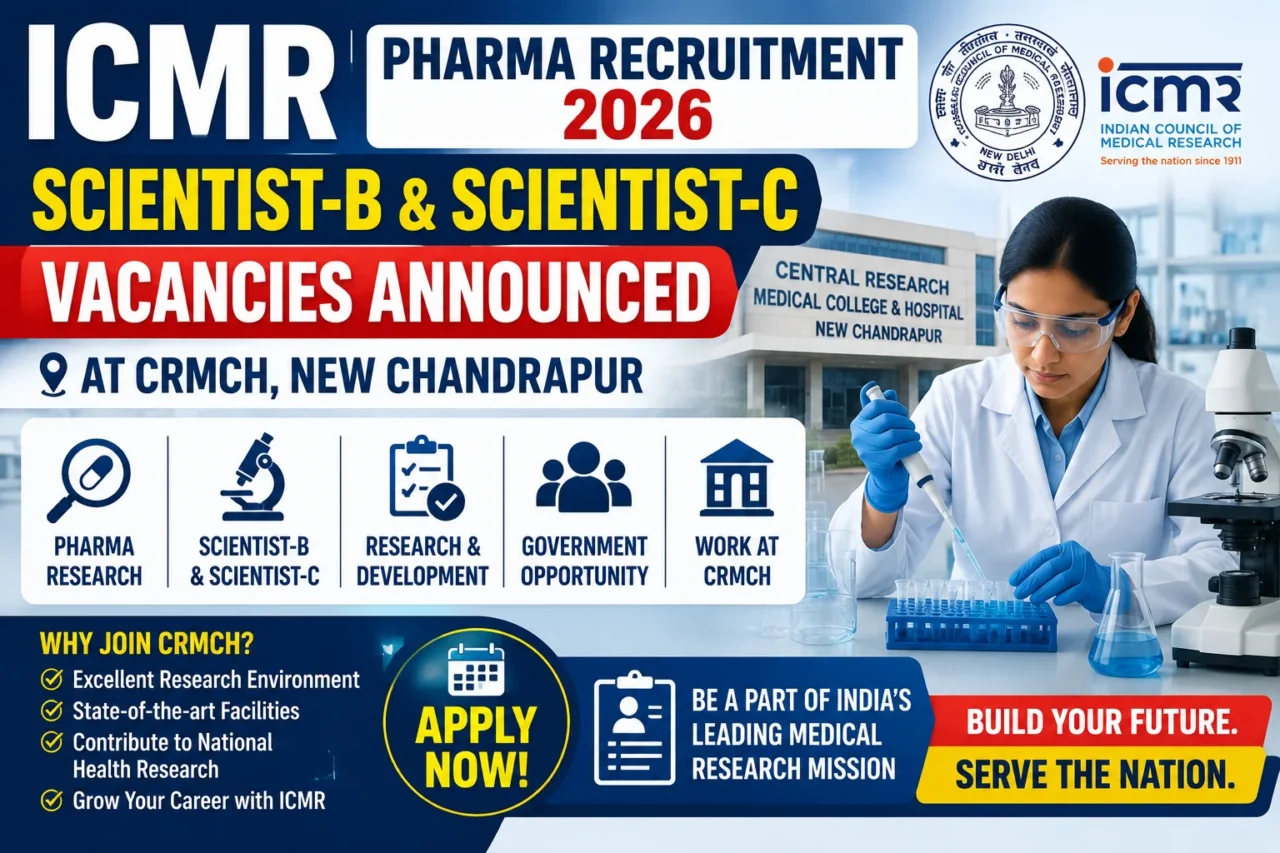ICMR Pharma Recruitment 2026 thumbnail featuring Scientist-B and Scientist-C vacancies at CRMCH New Chandrapur, medical research laboratory visuals, government job opportunity highlights, and pharmaceutical research career opportunities.