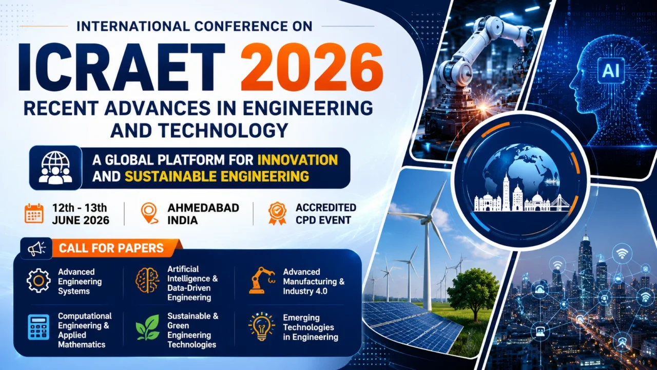 ICRAET 2026 conference thumbnail featuring AI technology, robotics, sustainable energy, smart city infrastructure, and engineering innovation themes. Highlights International Conference on Recent Advances in Engineering and Technology 2026 in Ahmedabad, India.
